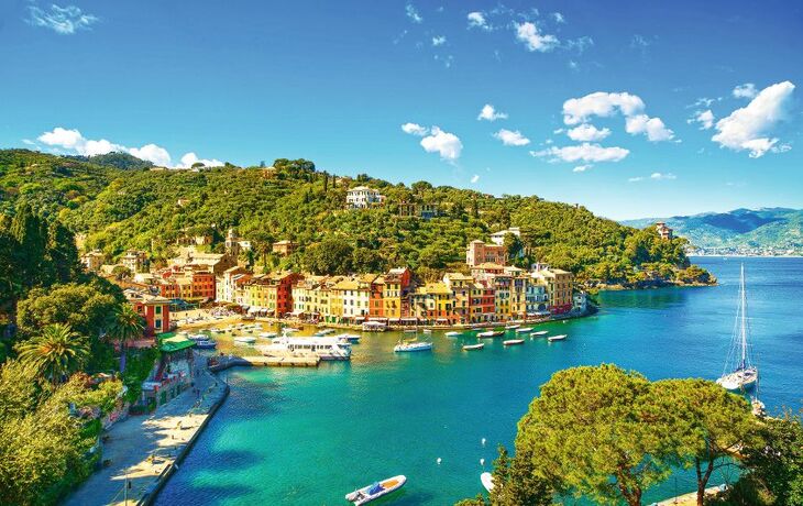 Portofino luxury village landmark, panoramic aerial view. Liguri