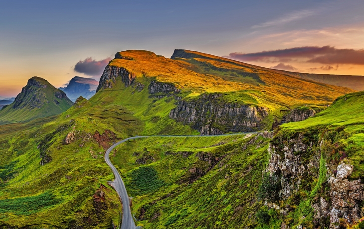 Quiraing Sonnenuntergang in der Isle of Skye, Schottland, United Kin