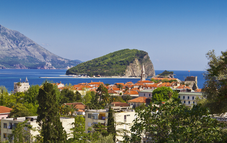 Old town Budva end Island of Sveti Nikola, Montenegro, Europe